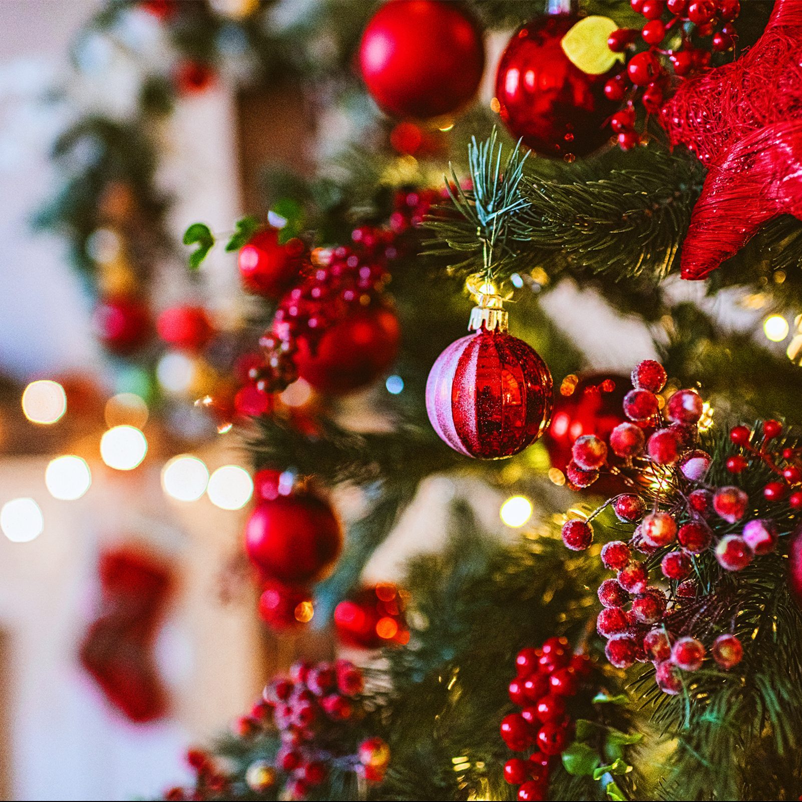Red Christmas tree and fireplace decoration