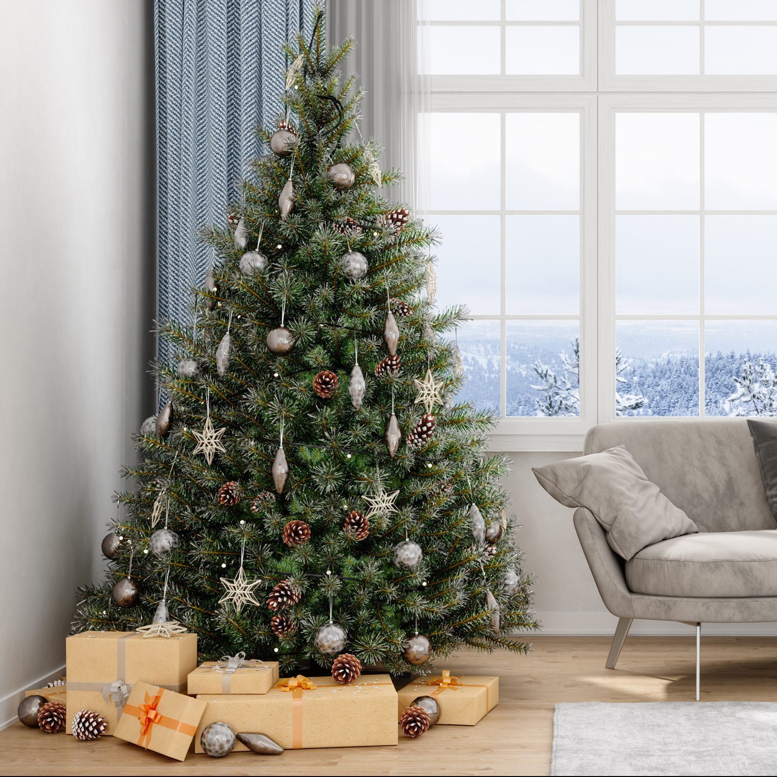 Christmas Tree, Gifts And Sofa With a View Of Snow