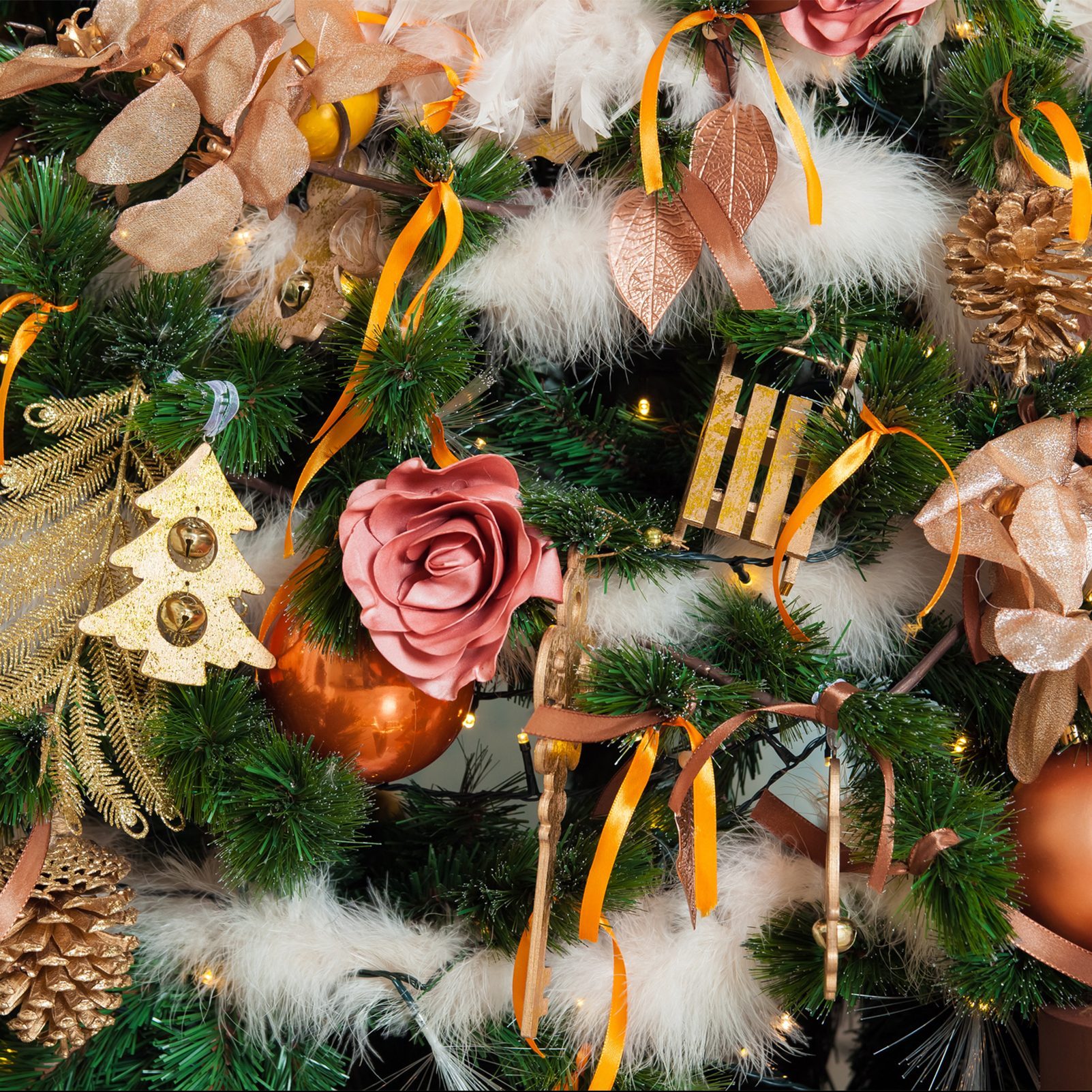 Christmas and New year background with green Tree decorated with toys