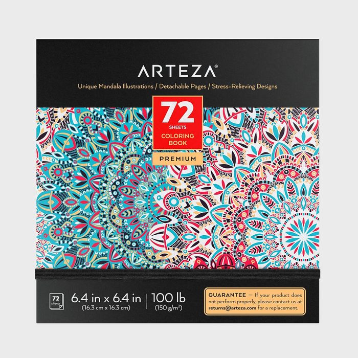 Coloring book displays vibrant mandala patterns with 72 sheets. Text: 