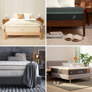 Four stylishly made beds, each in a differently decorated bedroom, with bedside tables, lamps, and assorted decor creating a cozy ambience.