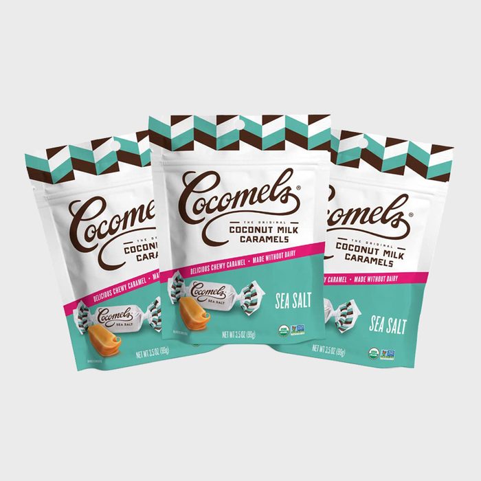 Pouches display coconut milk caramels labeled 