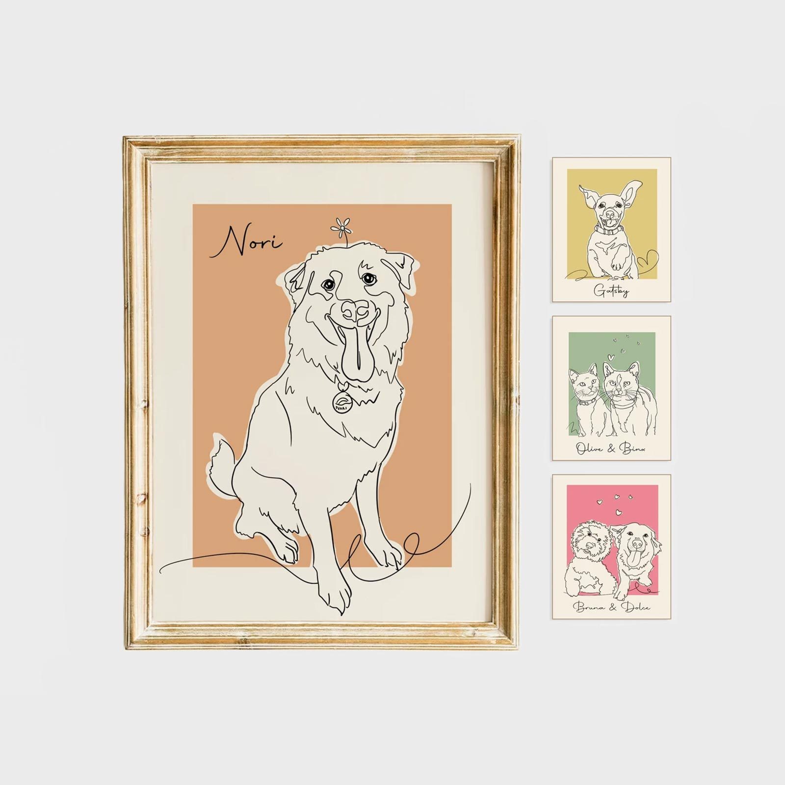 Illustration of a sitting dog named "Nori" with flower on head, framed on beige background. Additional framed pet portraits positioned right side.