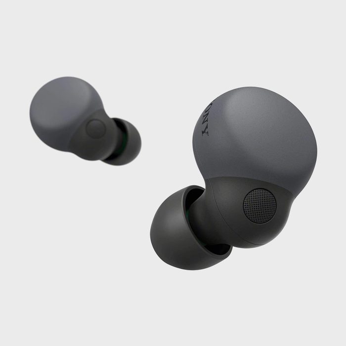 Gray earbud pair floats against plain background; right earbud displays 
