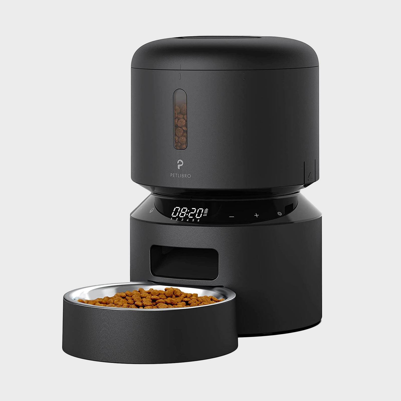 Pet food dispenser releasing kibble, displaying "08:20" on digital screen; set against a plain background. Brand name "PETLIBRO" visible.