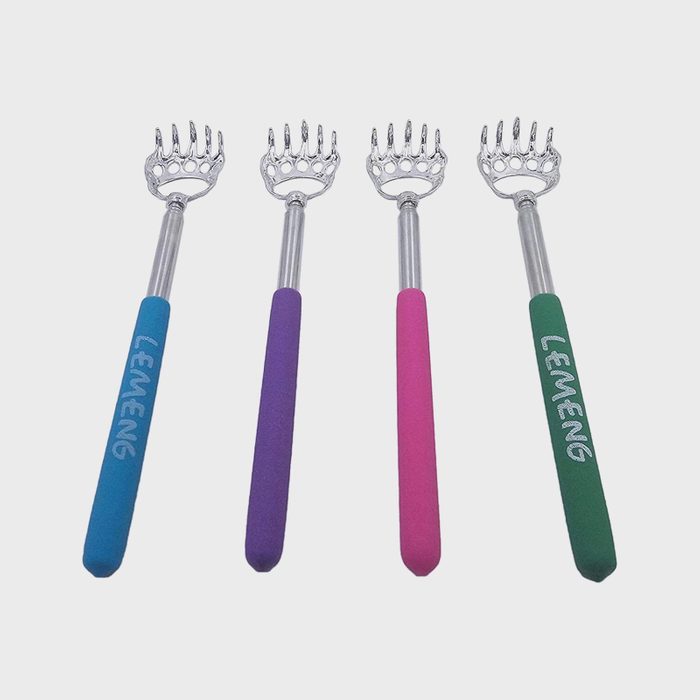 Telescopic back scratchers are standing upright; each handle is differently colored and labeled 