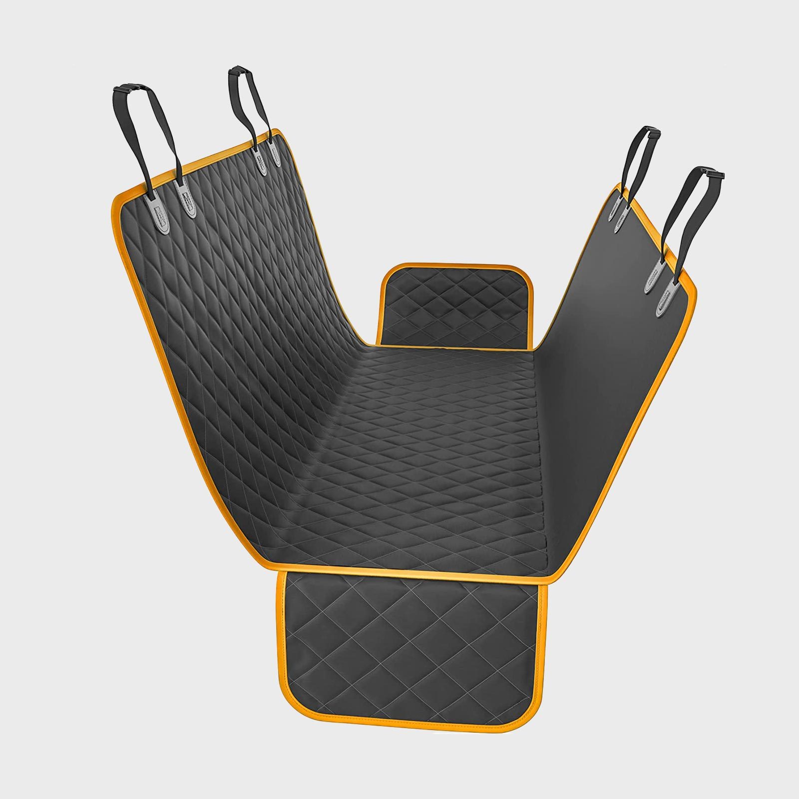 Quilted car seat cover, suspended with straps, black with orange edges, designed to protect vehicle interiors.