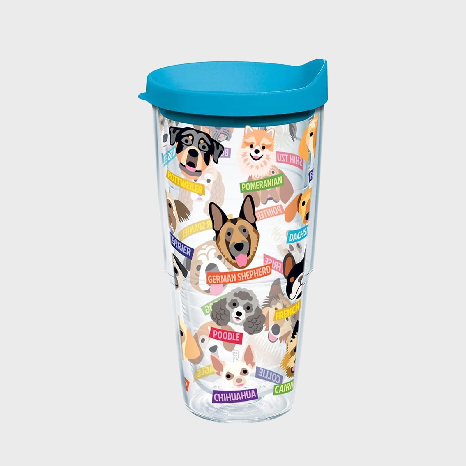 Tumbler features colorful cartoon dog faces labeled by breed, including Rottweiler, Pomeranian, and German Shepherd, with a blue lid.