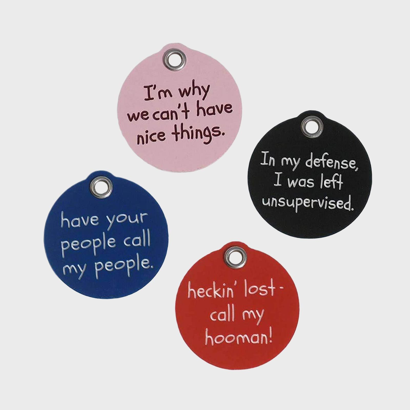 Tags display humorous text, arranged in a scattered layout on a plain background.