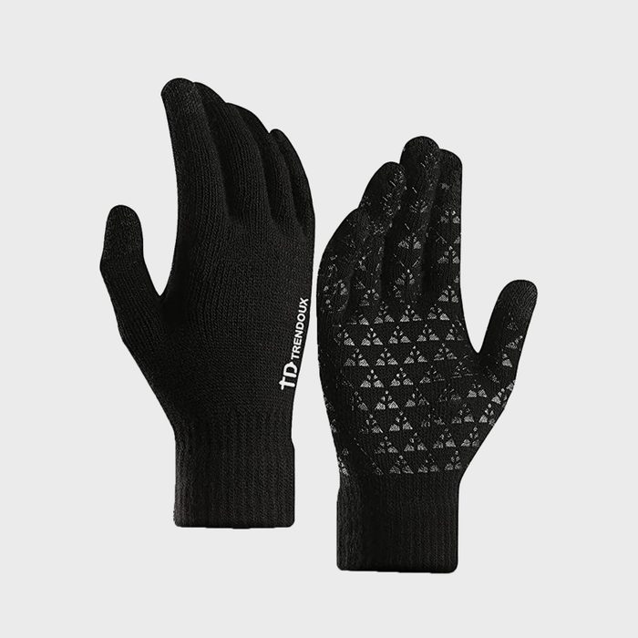 Black gloves one showing grip patterns, the other displaying the logo 