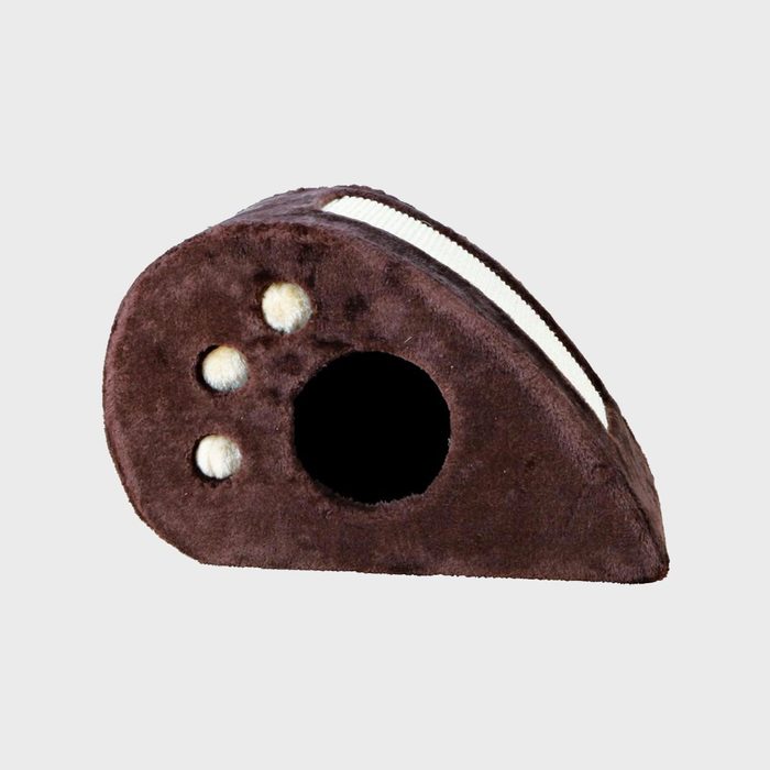 Brown plush pet cave with multiple holes and a large entrance, set against a plain gray background.