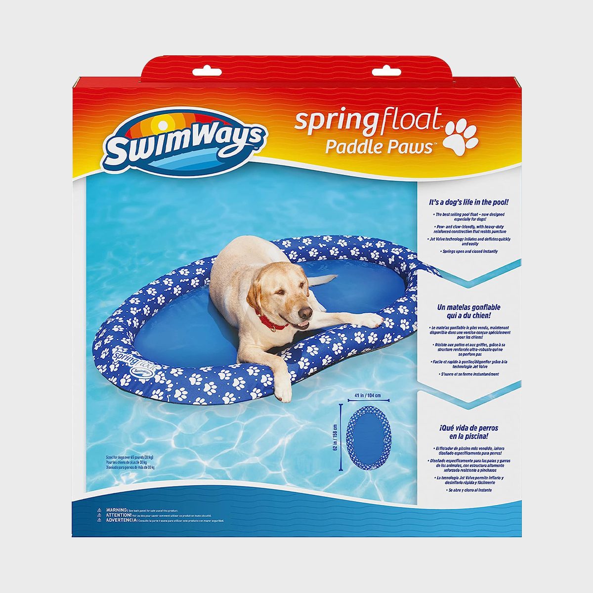 A dog lounges on a blue float with paw prints, floating in a swimming pool, surrounded by product packaging text.