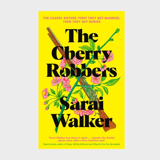 Book title overlaying pink flowers and rifle illustrations on a bright yellow background; author Sarai Walker's name is featured prominently.