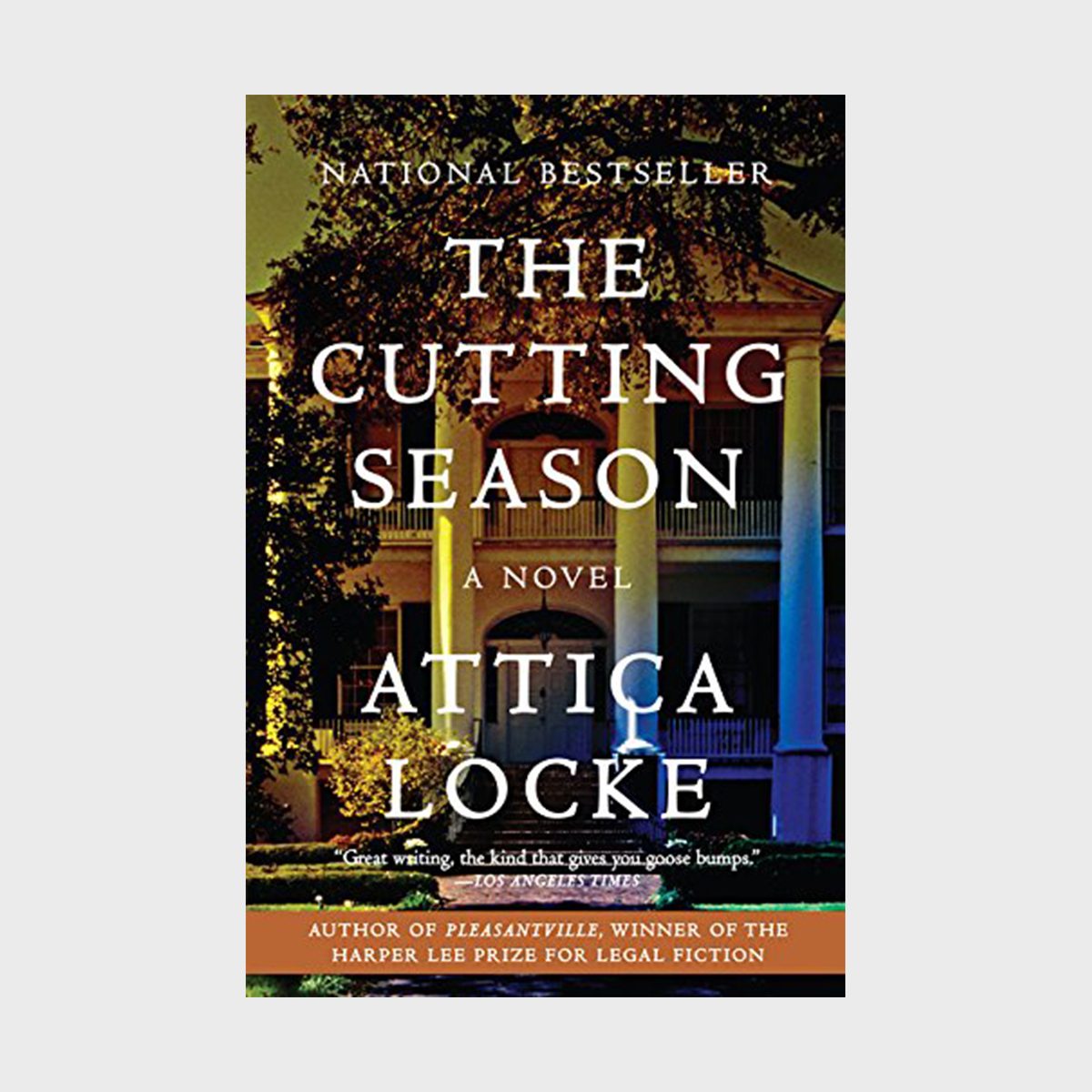 Book cover displays large mansion facade under trees; text reads "The Cutting Season: A Novel" by Attica Locke, with bestseller note and author achievements.