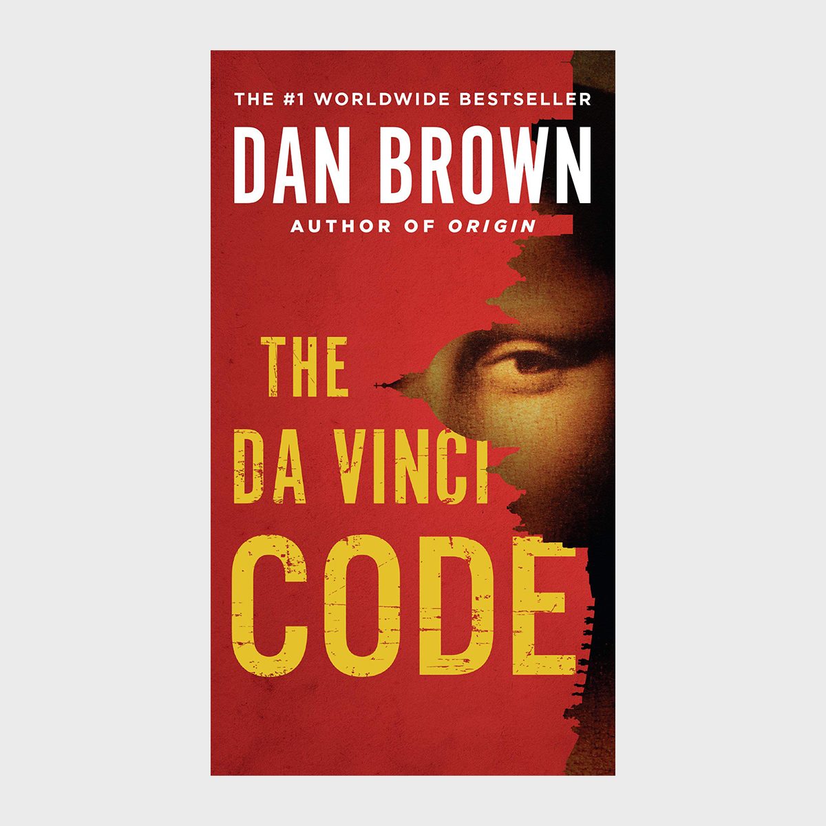 Book cover displays Mona Lisa's partial face emerging from a red background with bold yellow text. Title reads: "The Da Vinci Code."