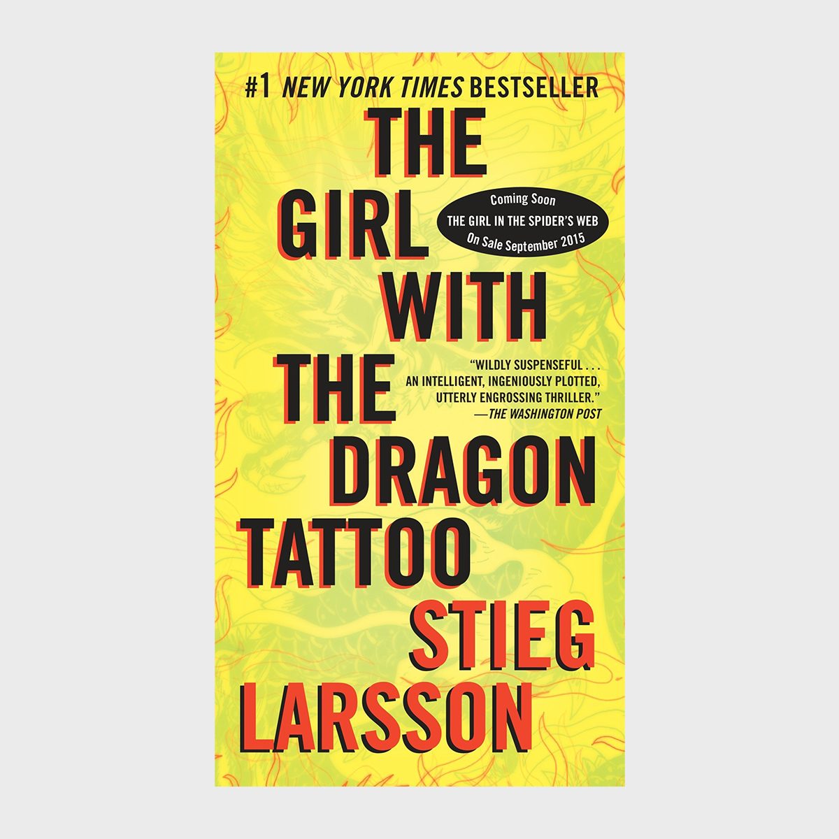 Book cover displays large text "The Girl with the Dragon Tattoo" by Stieg Larsson on a yellow background with faint dragon illustrations.