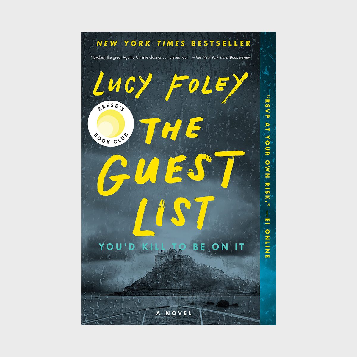 Book cover features "The Guest List" by Lucy Foley with yellow text, rainy backdrop, island silhouette, and Reese's Book Club badge.