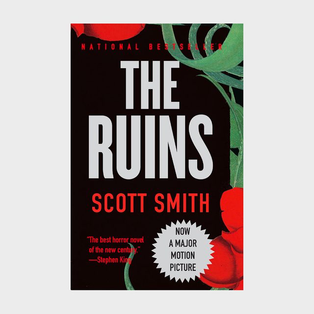 Book cover features bold text &acirc;&euro;&oelig;The Ruins&acirc;&euro; by Scott Smith, with red and green plant designs. Includes statement: &acirc;&euro;&oelig;Now a major motion picture.&acirc;&euro;