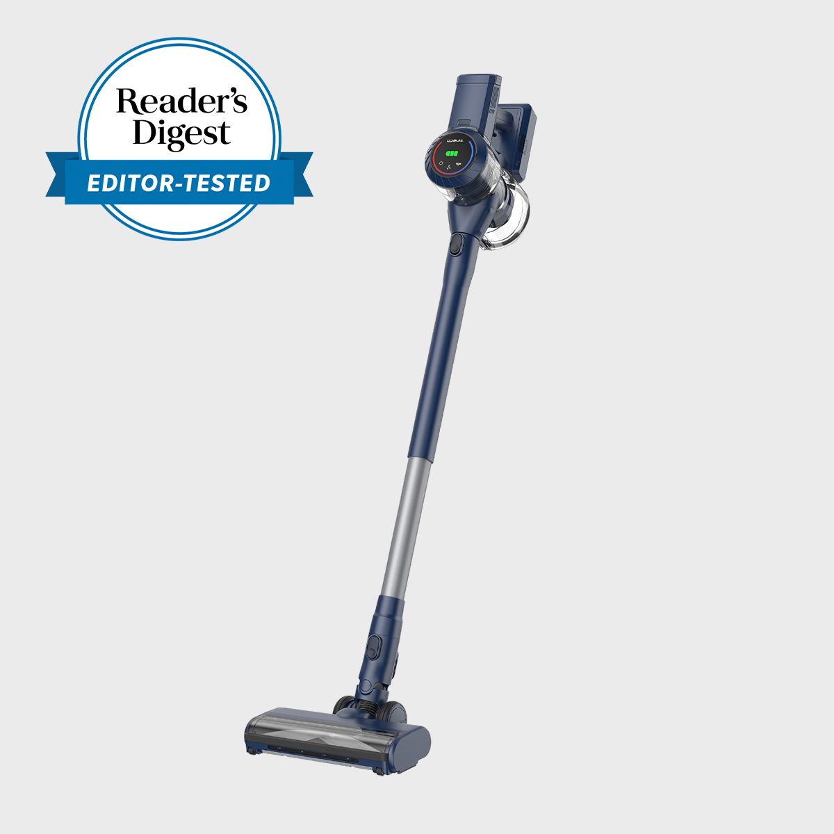 Vacuum cleaner stands upright on a white background with "Reader's Digest Editor-Tested" badge in the top left corner.
