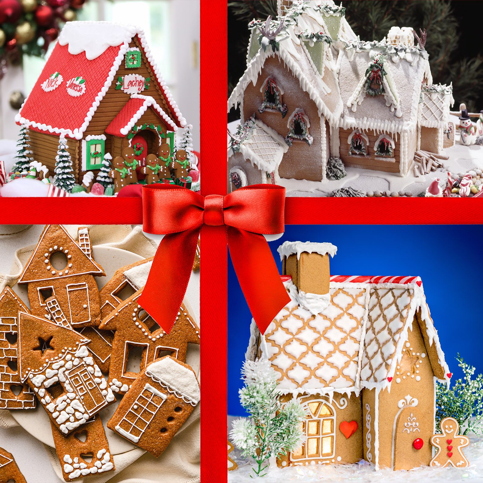 Gingerbread houses decorated in icing and candy form festive scenes on a Christmas-themed collage with a red ribbon.