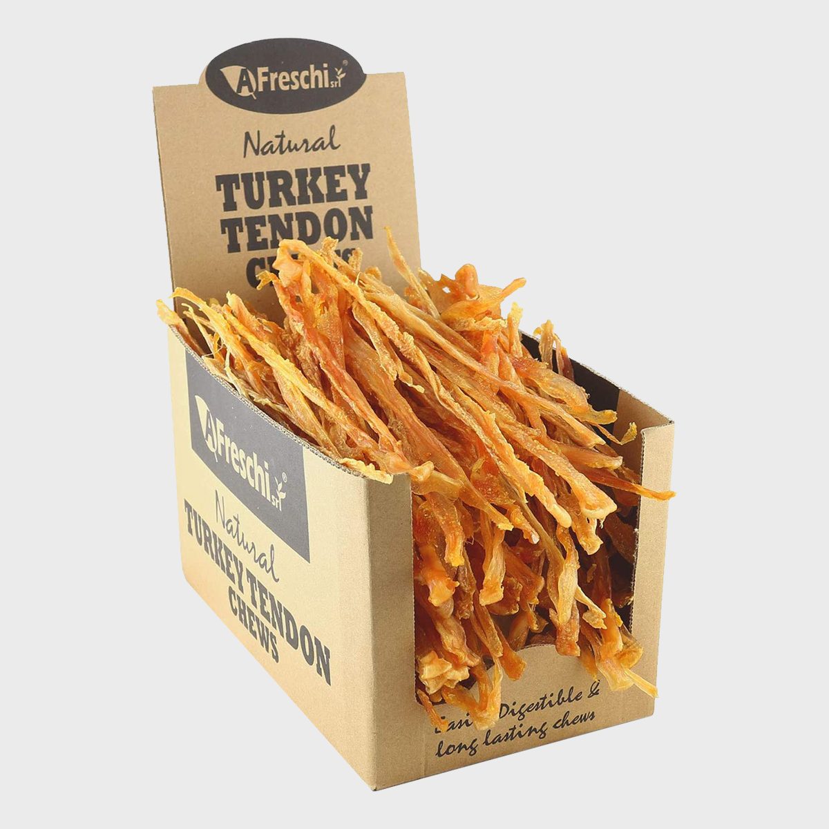 Box holds turkey tendon chews, displayed upright. Product labeled "A Freschi." Packaging suggests digestibility and long-lasting chewing. Peeking tendons appear orange and dried.