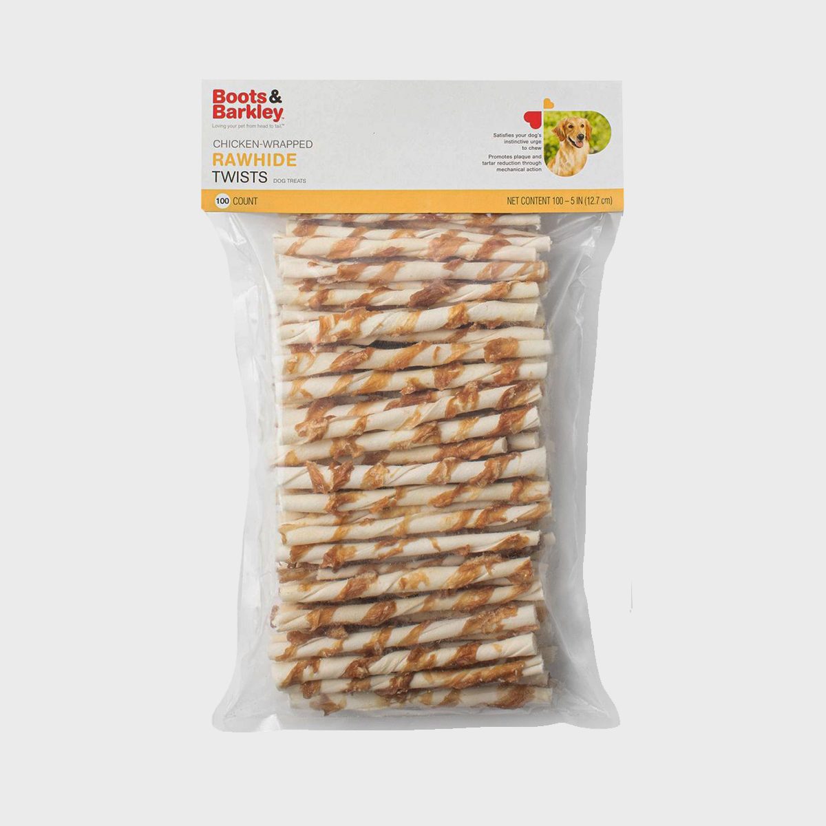 Package contains rawhide twists with chicken wrap, placed in clear plastic. Product labeled as "Boots & Barkley Chicken-Wrapped Rawhide Twists" with a dog image.