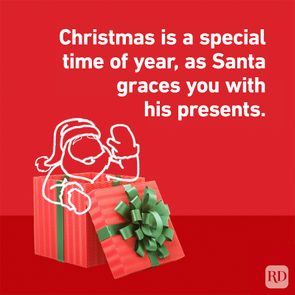 Santa outline emerges from a red gift box with a green bow, set against a red background. Text: 