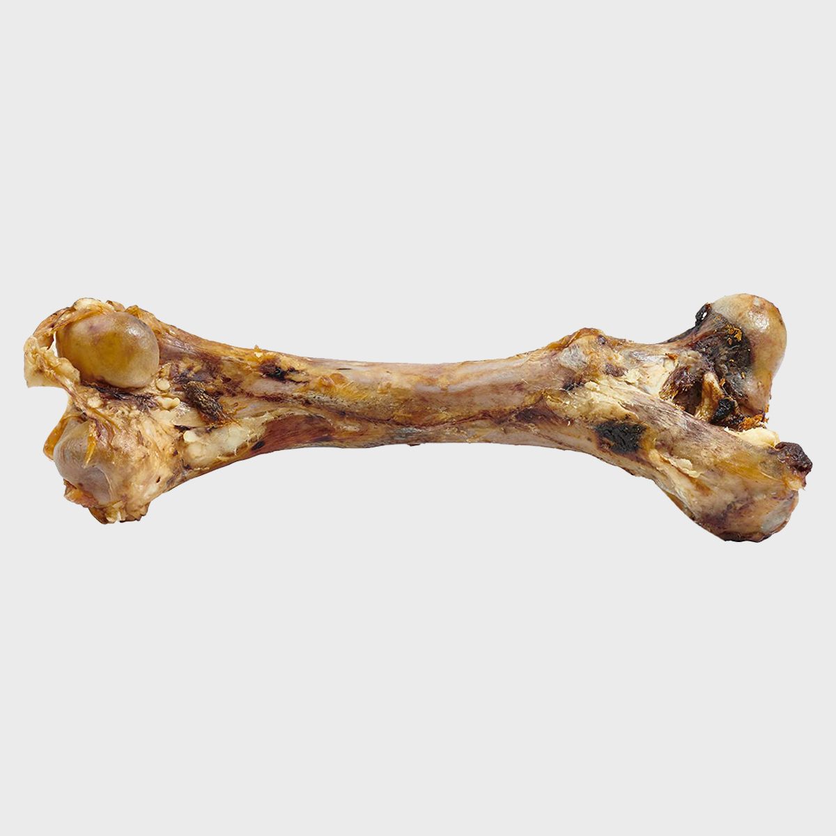 A large, raw beef bone lies horizontally against a plain white background, showcasing a natural, marbled texture with some dark and light patches.