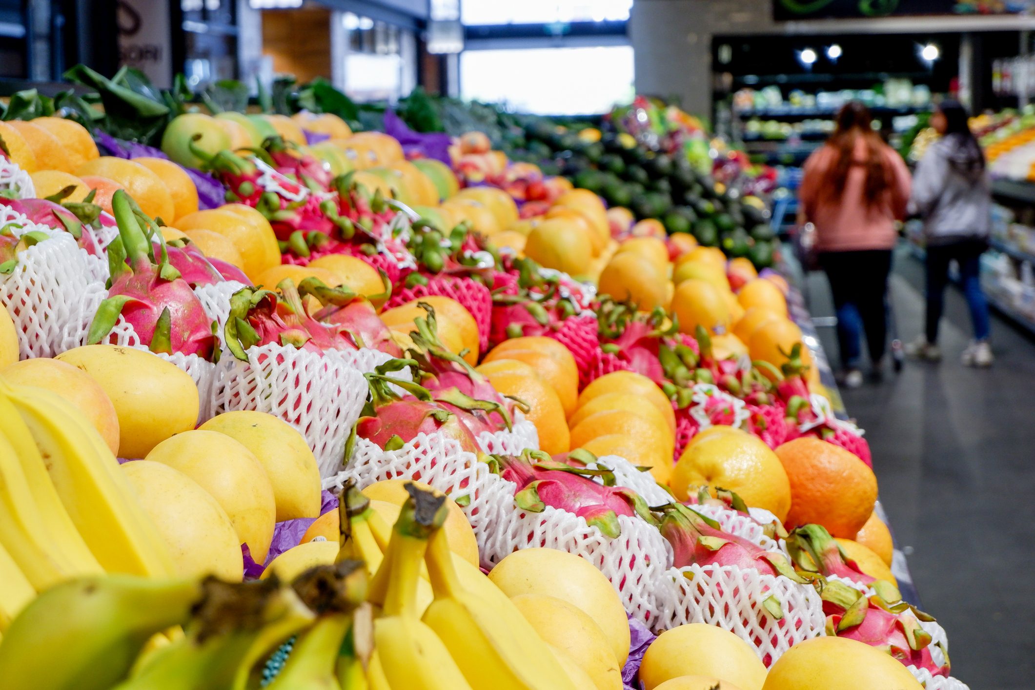 exotic fruits on shelf at the grocery store