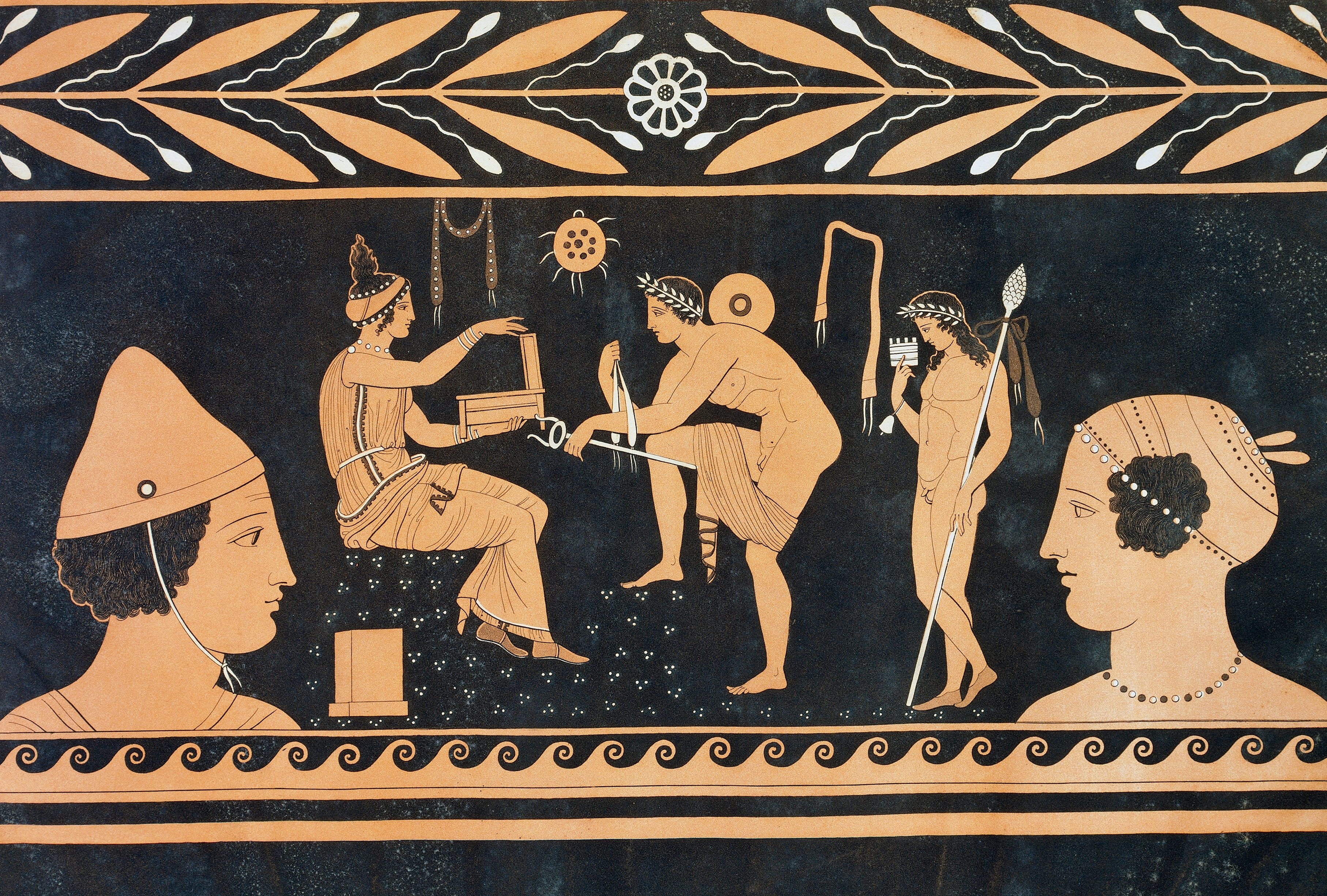 Ancient Greek pottery scene: figures engage in rituals with box and lyre. Geometric patterns frame scene with stylized leaves and floral motifs.