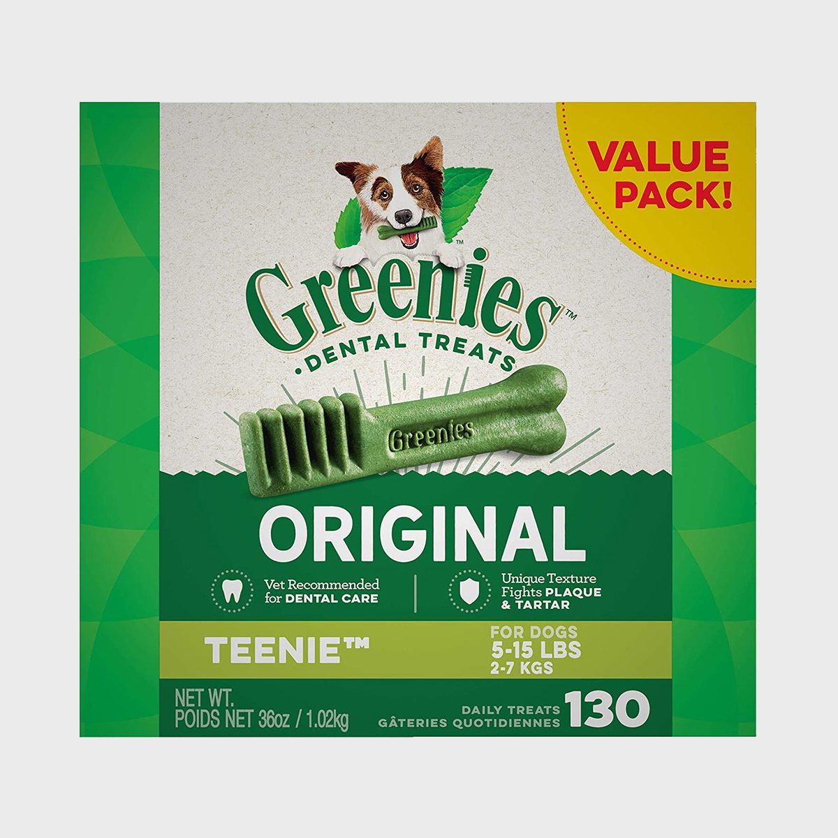 Package displays Greenies dental treats for dogs, emphasizing dental care benefits; labeled "Original" and "Value Pack," suitable for dogs 5-15 lbs, 130 treats included.