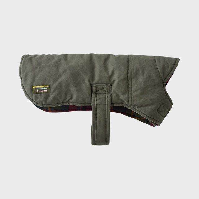Green dog jacket lying flat, showing quilted texture and plaid lining. Features 