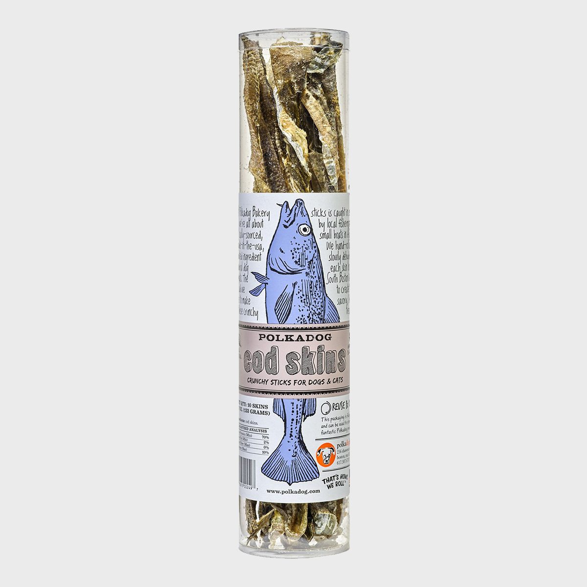 Container holds cod skin sticks, featuring blue fish illustration, labeled "Polkadog Cod Skins: Crunchy Sticks for Dogs & Cats," against white background.