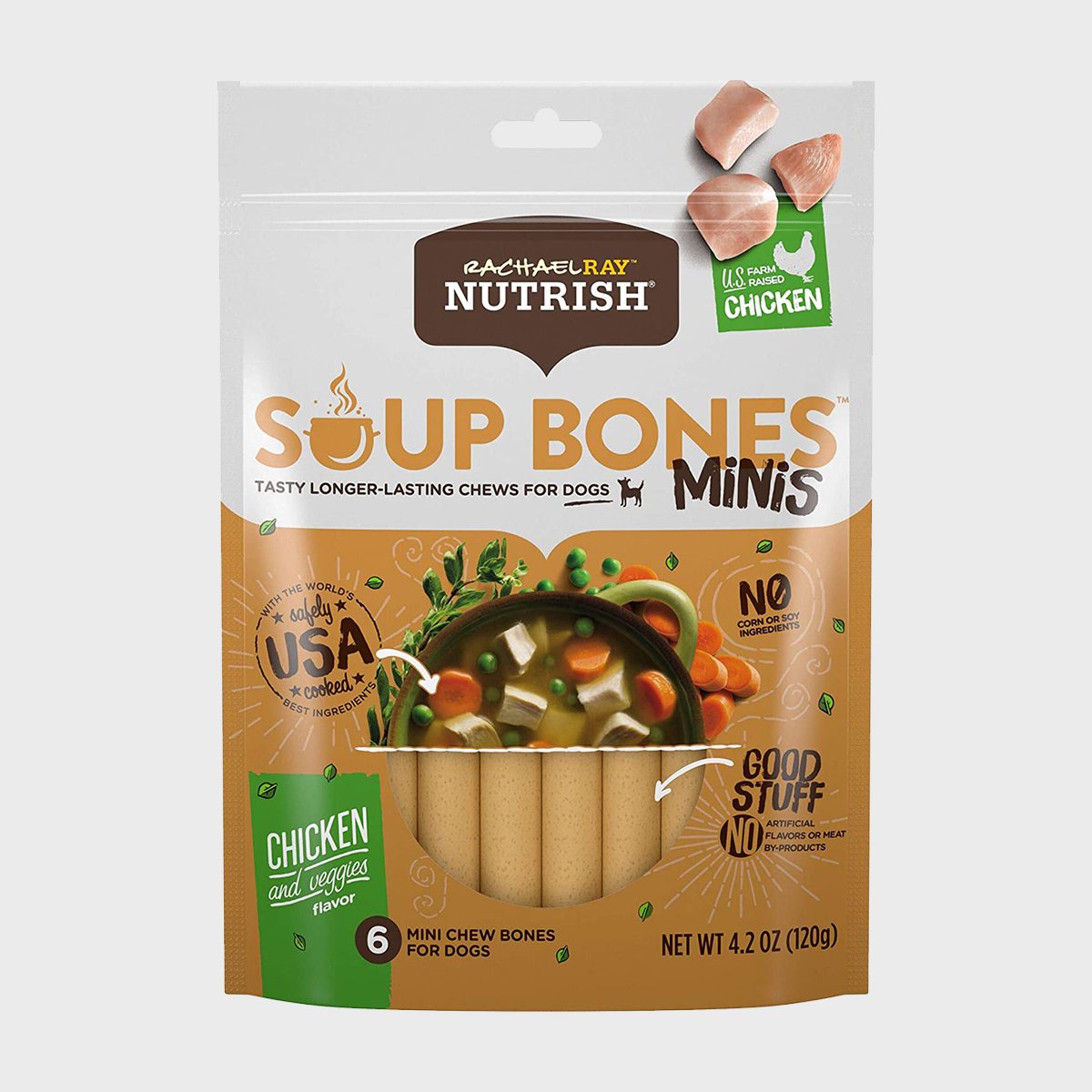 Package displays dog chews resembling soup bones, labeled "Souper Bones Minis." Features chicken and vegetable imagery, touts natural ingredients and safety. Contains six mini bones.