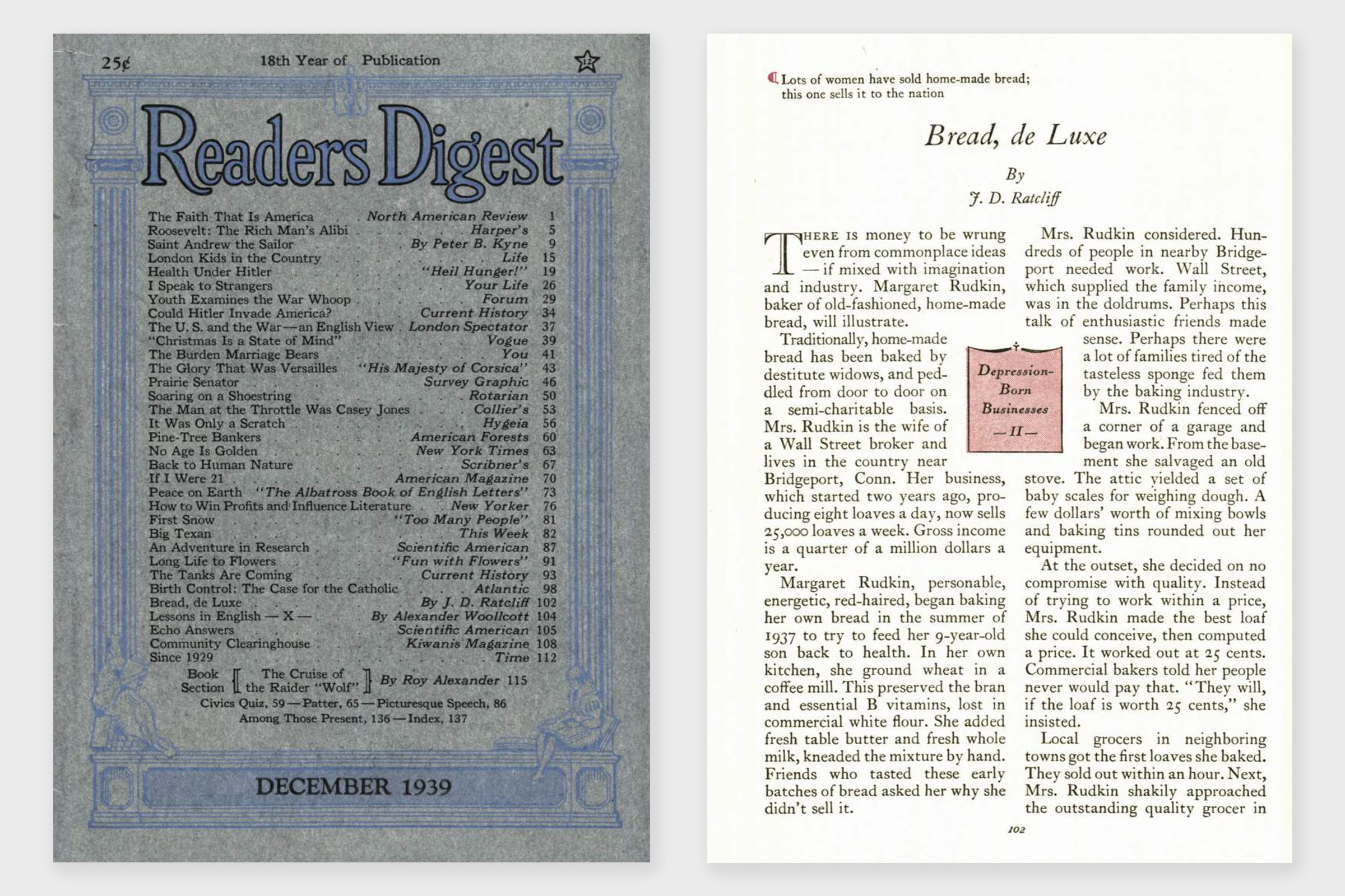 Readers Digest December 1939 cover next to the first page of the story Bread De Luxe from that issue