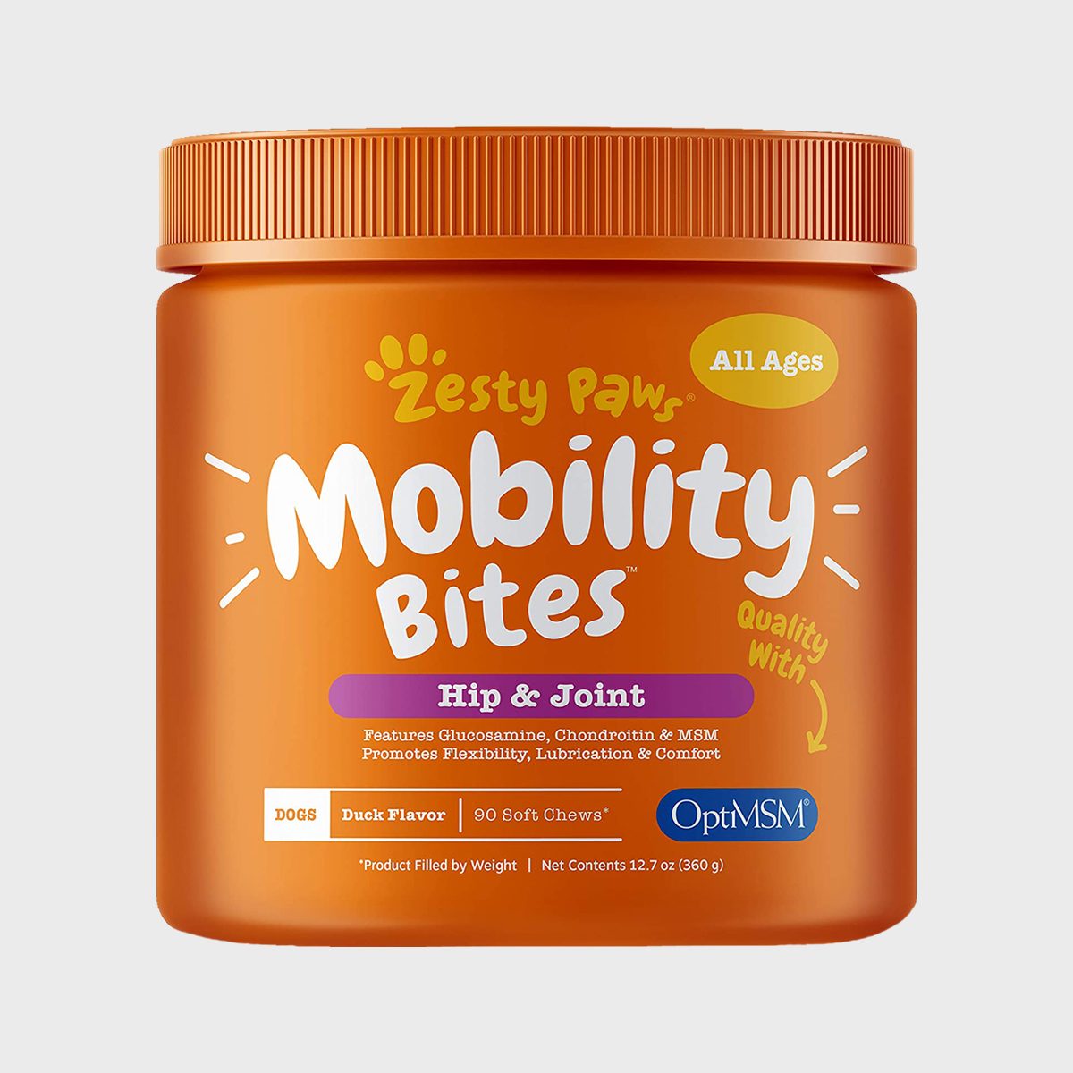 Orange container displays "Zesty Paw Mobility Bites" for dogs, aiding hip and joint health, featuring duck flavor and 90 soft chews inside.