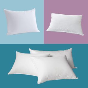 Pillows are displayed against colorful backgrounds: light blue, lavender, and darker blue, with both single and grouped arrangements.