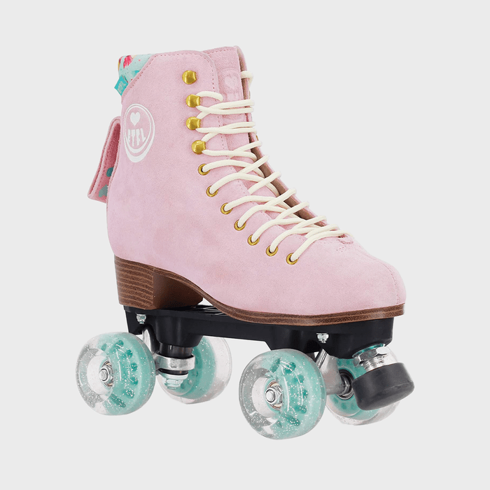 Pink roller skate with white laces and mint wheels, displayed on a plain light background.