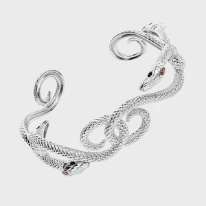 Silver snake bracelet coiling with two heads, placed against a plain white background.
