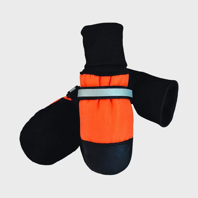 Orange and black dog boots are displayed overlapping each other against a plain white background.