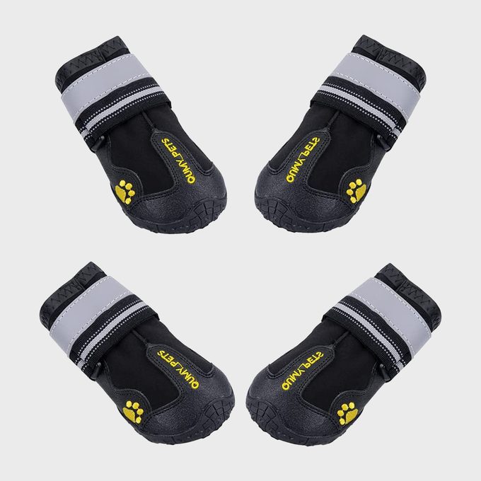 Four black dog boots lay against a plain background, featuring reflective straps and the 