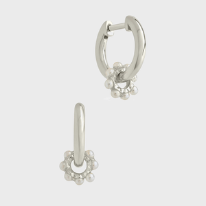 Two silver hoop earrings with pearl cluster charms, displayed on a plain, light gray background.