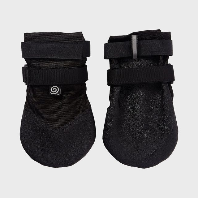 Black dog boots lying flat, secured with Velcro straps, displayed against a plain white background.