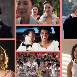 Collage of various romantic movie scenes, featuring couples and individuals in wedding attire, smiling or posing, set against diverse backdrops.