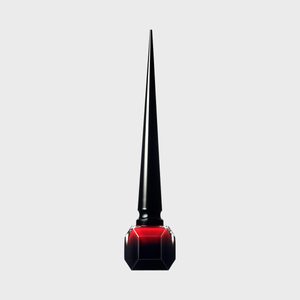 A red nail polish bottle has a long, pointed black cap, placed centrally on a plain grey background.