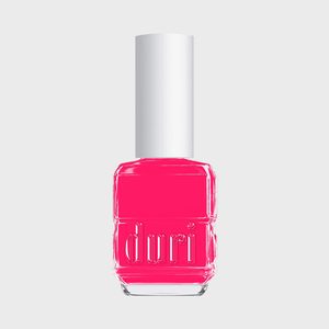 Nail polish bottle contains bright pink liquid, standing alone against a plain gray background; embossed with 