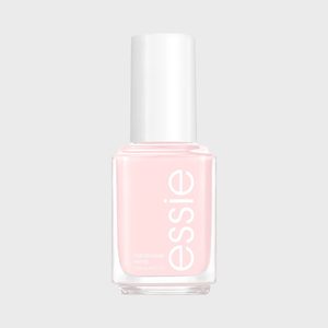Bottle stands upright, containing pale pink nail polish, labeled 