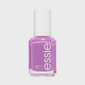 Purple nail polish bottle stands upright, displaying brand 