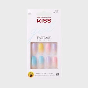 Nail set displays pastel-colored, gradient designs in a plastic package; labeled 