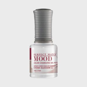 Nail polish bottle sits upright, displaying â€œPerfect Match Mood, Color Changing Gel Polish, Cherry Blossom,â€ on a white background.